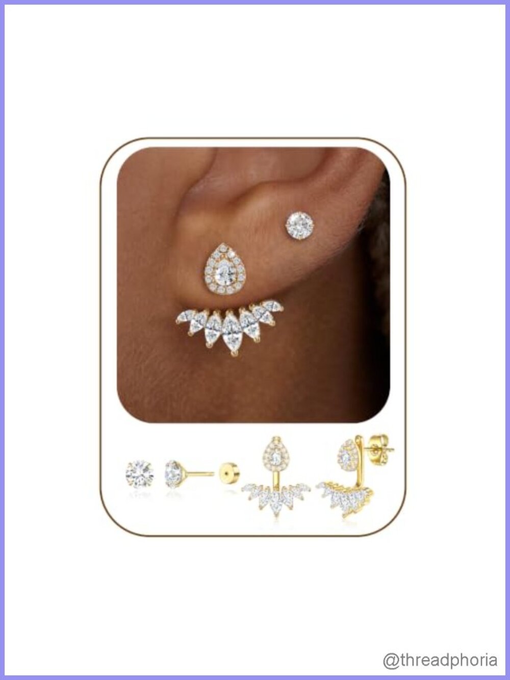 14K Gold Plated CZ Front Back Stud Earring Set with Ear Jacket